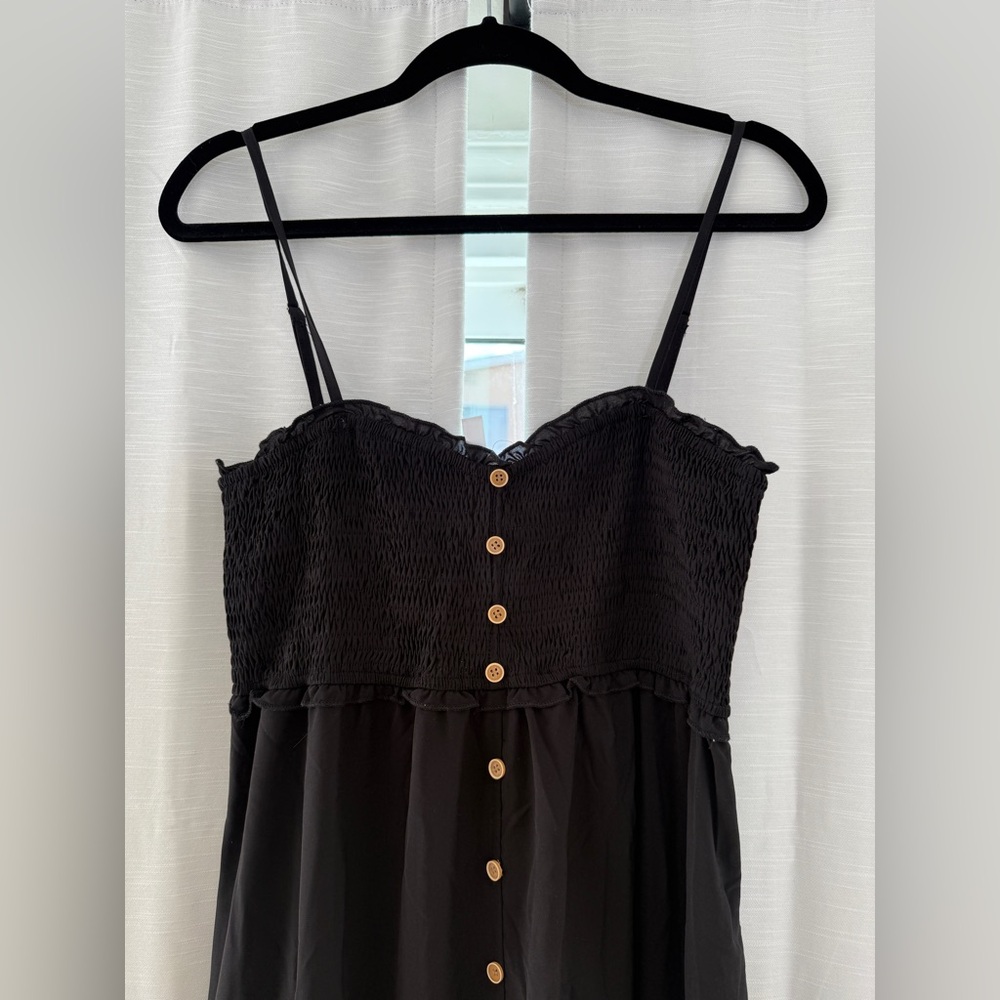 Black Smocked Maxi Dress | Button Front Sundress with Pockets Size M - Picture 7 of 11